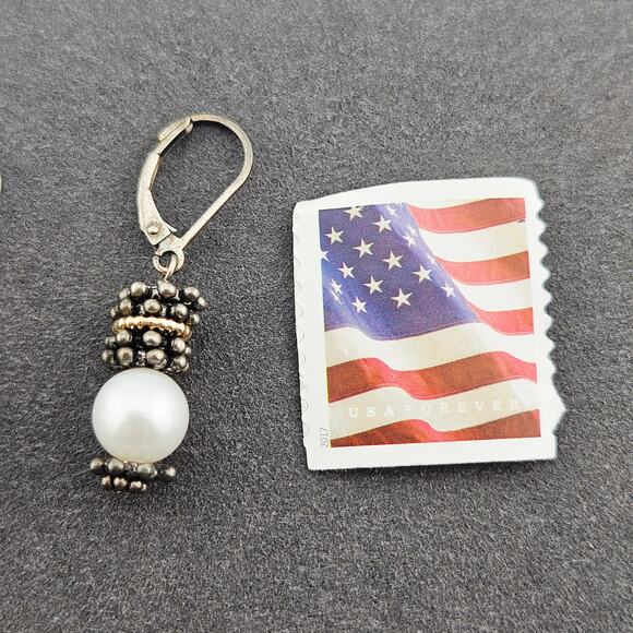 14K Gold P925 Silver Marked Pearl Earrings Dangle Drop Elevated Basic Everyday - Picture 3 of 5